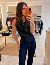 Load image into Gallery viewer, BLACK SATIN COWL NECK ASYMMETRICAL TOP