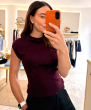 Load image into Gallery viewer, FINE KNIT CAP SLEEVE RUFFLE NECK TOP- wine