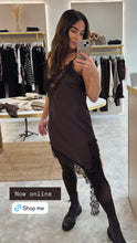Load image into Gallery viewer, CHOCOLATE ASYMMETRIC LACE SLIP DRESS