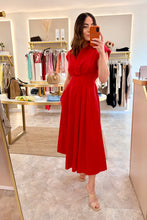 Load image into Gallery viewer, SHOULDER PAD CAP SLEEVE MIDI DRESS- red