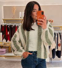 Load image into Gallery viewer, OVERSIZED OPEN FRONT STRIPED KNIT CARDIGAN - khaki/cream