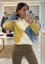 Load image into Gallery viewer, PASTEL V-NECK ARGYLE KNIT WITH SHIRT COLLAR DETAIL - blue/yellow