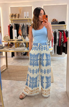 Load image into Gallery viewer, BLUE PATTERN WIDE LEG ELASTICATED WAIST TROUSERS