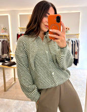 Load image into Gallery viewer, NECK TIE STRIPE KNIT CARDIGAN - khaki