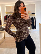 Load image into Gallery viewer, BROWN POLKA DOT RUCHED MESH TOP