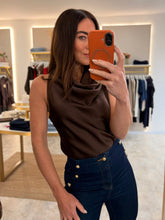Load image into Gallery viewer, BROWN SATIN ASYMMETRICAL COWL NECK TOP