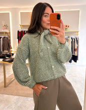 Load image into Gallery viewer, NECK TIE STRIPE KNIT CARDIGAN - khaki