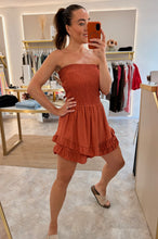 Load image into Gallery viewer, STRAPLESS SHIRRED FRILL PLAYSUIT- terracotta