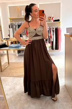 Load image into Gallery viewer, BROWN CONTRAST BODICE MAXI DRESS