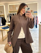 Load image into Gallery viewer, BROWN PINSTRIPE HIGH NECK BLAZER