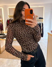 Load image into Gallery viewer, BROWN POLKA DOT RUCHED MESH TOP