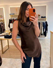 Load image into Gallery viewer, BROWN SATIN ASYMMETRICAL COWL NECK TOP