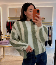 Load image into Gallery viewer, OVERSIZED OPEN FRONT STRIPED KNIT CARDIGAN - khaki/cream