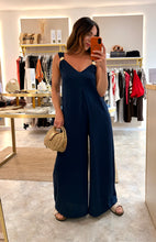 Load image into Gallery viewer, GOLD BROOCH DETAIL WIDE LEG JUMPSUIT - navy