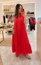 Load image into Gallery viewer, BRODERIE ANGLAISE SLEEVELESS MAXI DRESS -red