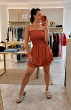 Load image into Gallery viewer, STRAPLESS SHIRRED FRILL PLAYSUIT- terracotta
