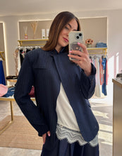 Load image into Gallery viewer, NAVY HIGH NECK PINSTRIPE BLAZER