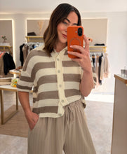 Load image into Gallery viewer, MOCHA STRIPE CROCHET KNIT SHIRT