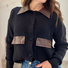 Load image into Gallery viewer, PU CONTRAST COLLAR KNIT CARDIGAN - black