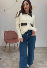 Load image into Gallery viewer, PU CONTRAST COLLAR KNIT CARDIGAN - cream