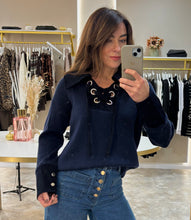 Load image into Gallery viewer, NAVY LACE UP COLLAR KNIT JUMPER