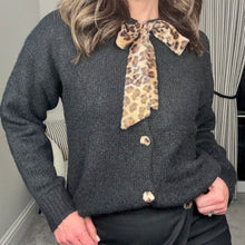 Load image into Gallery viewer, BLACK KNIT CARDIGAN WITH PRINT NECK TIE