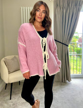 Load image into Gallery viewer, PINK CONTRAST BOW TIE CARDIGAN