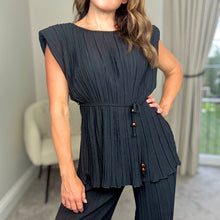 Load image into Gallery viewer, SHOULDER PAD PLISSÉ TIE WAIST CO-ORD BLACK