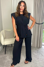 Load image into Gallery viewer, SHOULDER PAD PLISSÉ TIE WAIST CO-ORD BLACK