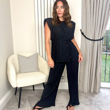 Load image into Gallery viewer, SHOULDER PAD PLISSÉ TIE WAIST CO-ORD BLACK
