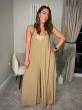 Load image into Gallery viewer, GOLDEN BEIGE SATIN TRIM JUMPSUIT