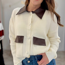 Load image into Gallery viewer, PU CONTRAST COLLAR KNIT CARDIGAN - cream