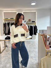 Load image into Gallery viewer, PU CONTRAST COLLAR KNIT CARDIGAN - cream