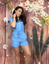 Load image into Gallery viewer, BLUE TOWELLING TIE PLAYSUIT