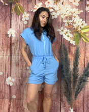 Load image into Gallery viewer, BLUE TOWELLING TIE PLAYSUIT