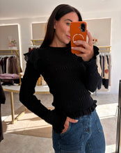 Load image into Gallery viewer, ULTRA SOFT SMOCKED FRILL KNIT TOP- black
