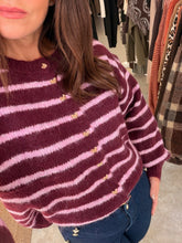 Load image into Gallery viewer, BURGUNDY/PINK STRIPE KNIT CARDIGAN
