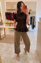 Load image into Gallery viewer, KNIT RUFFLE PEPLUM TOP - brown

