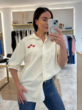 Load image into Gallery viewer, HEART EMBROIDERED STRIPE SHIRT WITH  ROLL UP BUTTON TAB SLEEVE - beige

