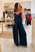 Load image into Gallery viewer, GOLD BROOCH DETAIL WIDE LEG JUMPSUIT - navy
