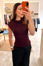 Load image into Gallery viewer, FINE KNIT CAP SLEEVE RUFFLE NECK TOP- wine
