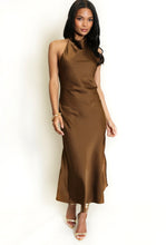 Load image into Gallery viewer, BROWN SATIN COWL NECK DRESS
