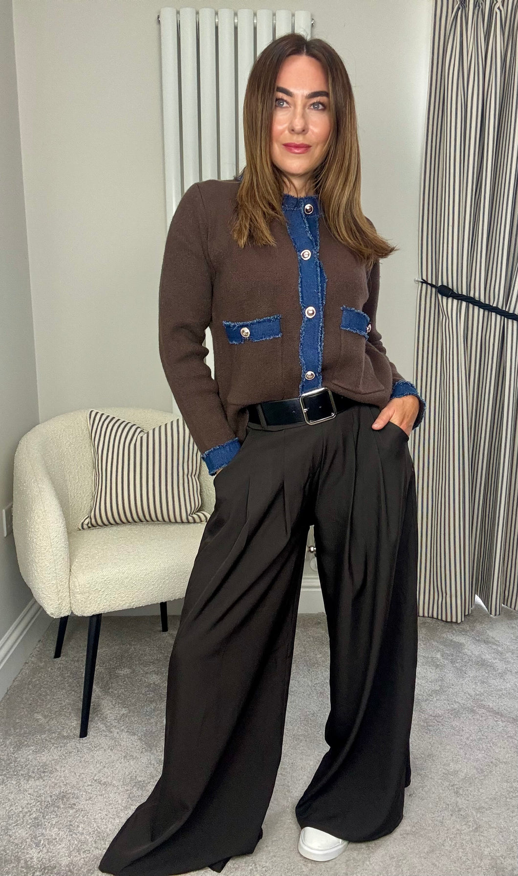 BROWN DENIM TRIM CARDIGAN