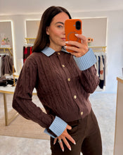 Load image into Gallery viewer, CABLE KNIT CARDIGAN WITH CONTRAST COLLAR - brown
