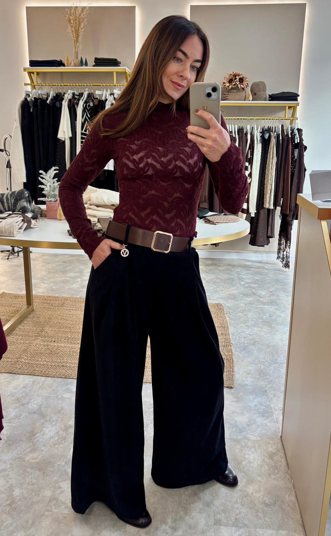 BLACK CORDUROY WIDE LEG TROUSERS