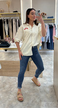 Load image into Gallery viewer, HEART EMBROIDERED STRIPE SHIRT WITH  ROLL UP BUTTON TAB SLEEVE - beige

