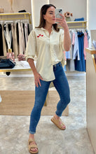 Load image into Gallery viewer, HEART EMBROIDERED STRIPE SHIRT WITH  ROLL UP BUTTON TAB SLEEVE - beige
