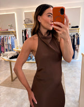 Load image into Gallery viewer, BROWN SATIN COWEL NECK MIDI DRESS
