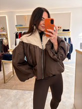 Load image into Gallery viewer, TWO TONE CHOCOLATE/CREAM PUFFER BOMBER JACKET
