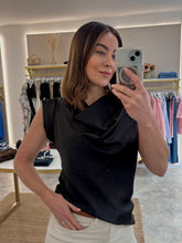 Load image into Gallery viewer, BLACK SATIN DRAPE FRONT TOP
